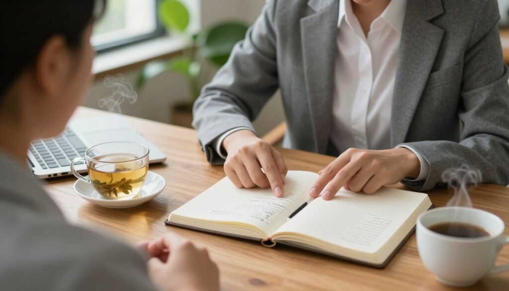 A calm and organized workspace setting, showcasing a step-by-step action plan for addressing PTSD. In the foreground, a wooden desk with an open notebook filled with neatly written notes and bullet points, a cup of herbal tea steaming beside it. Midground features a gentle, focused professional in business attire, pointing at the notebook while discussing with a seated individual, both engaged in a supportive conversation. The background shows soft natural light filtering through a window, framed by green plants, creating an atmosphere of tranquility and focus. The scene conveys a sense of safety and structured support, with warm tones enhancing the inviting feel, capturing the essence of a first step in addressing post-traumatic stress disorder.