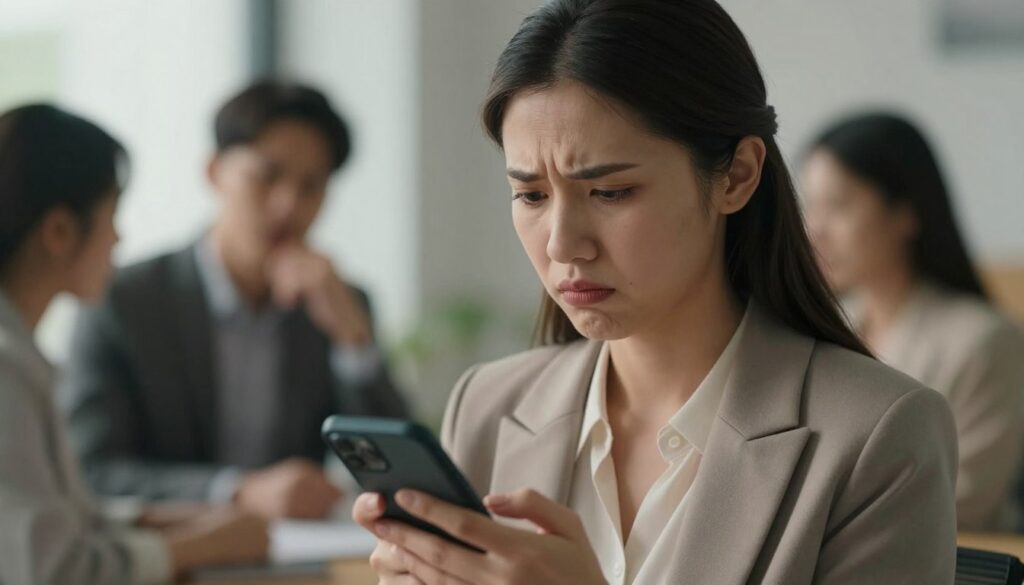 A close-up composition of a woman in a professional office setting, examining her phone with a furrowed brow, symbolizing suspicion and concern. She is dressed in a smart, casual outfit—perhaps a tailored blazer and blouse. In the background, a blurred image of a man, also in business attire, is having a conversation with another colleague, subtly hinting at secrecy. Soft, natural lighting casts a warm glow in the room, creating an intimate atmosphere. The focus should be on the woman’s expression of doubt, conveyed through her narrowed eyes and slightly pursed lips. The scene conveys an undercurrent of tension, emphasizing the subtle signs of infidelity and behavioral changes to watch for, with a professional yet contemplative mood.