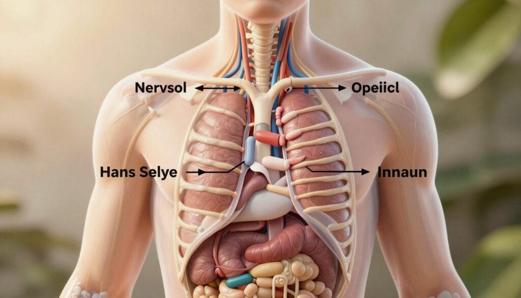 A close-up of a human body illustrating the stages of stress response according to Hans Selye, with a focus on internal mechanisms. In the foreground, a transparent outline of a human silhouette reveals the organs and systems (nervous, endocrine, immune) responding to stress. The middle layer features visual arrows and pathways demonstrating hormonal changes, like cortisol and adrenaline. The background includes soft, warm lighting to evoke a sense of positive energy and resilience, with blurred natural elements like leaves suggesting growth and adaptation. Use a macro lens effect to capture detailed textures, and aim for a calm, hopeful atmosphere reflecting the concept of eustress, avoiding any depictions of anxiety or overload. A close-up of a human body illustrating the stages of stress response according to Hans Selye, with a focus on internal mechanisms. In the foreground, a transparent outline of a human silhouette reveals the organs and systems (nervous, endocrine, immune) responding to stress. The middle layer features visual arrows and pathways demonstrating hormonal changes, like cortisol and adrenaline. The background includes soft, warm lighting to evoke a sense of positive energy and resilience, with blurred natural elements like leaves suggesting growth and adaptation. Use a macro lens effect to capture detailed textures, and aim for a calm, hopeful atmosphere reflecting the concept of eustress, avoiding any depictions of anxiety or overload.