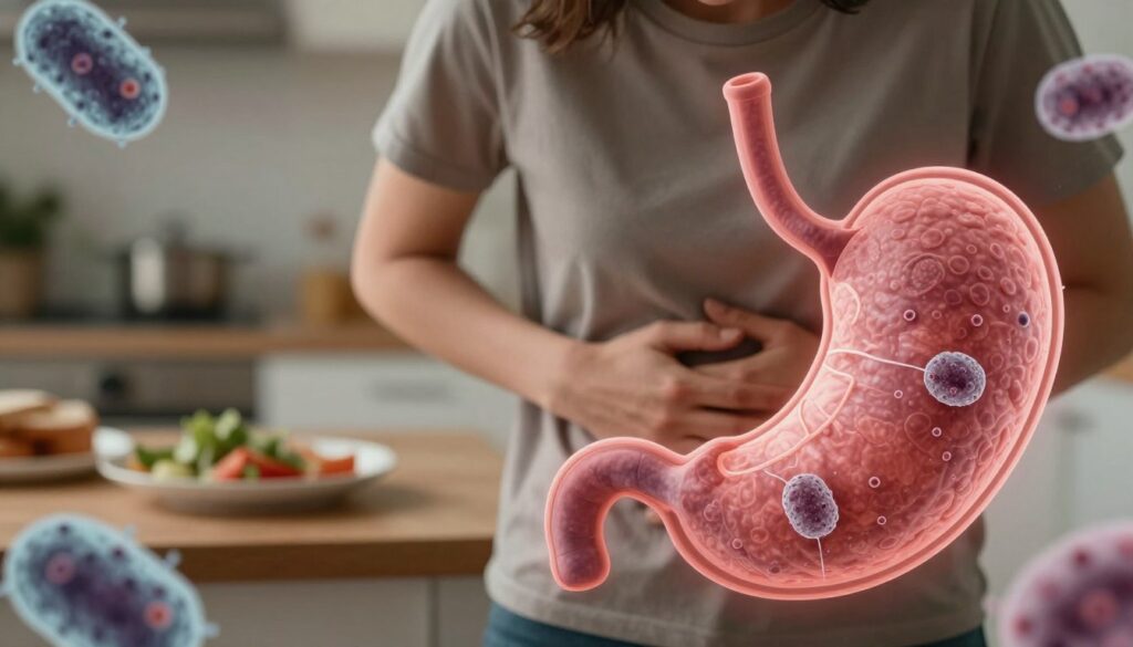 A close-up of a human stomach surrounded by a faint outline of Helicobacter pylori bacteria, depicting issues of gastritis and indigestion. In the foreground, medical illustrations of the stomach anatomy are subtly integrated, highlighting areas affected by stress and discomfort. The middle ground features a blurred image of a distressed person holding their stomach, dressed in casual clothing, conveying discomfort and concern. In the background, a softly focused kitchen scene illustrates uneaten food on a table, symbolizing digestive problems after meals. The lighting is warm but dim, creating a serious yet contemplative atmosphere. Emphasize a clinical yet relatable feel, with muted colors that evoke a sense of unease but also hope for understanding and healing. A close-up of a human stomach surrounded by a faint outline of Helicobacter pylori bacteria, depicting issues of gastritis and indigestion. In the foreground, medical illustrations of the stomach anatomy are subtly integrated, highlighting areas affected by stress and discomfort. The middle ground features a blurred image of a distressed person holding their stomach, dressed in casual clothing, conveying discomfort and concern. In the background, a softly focused kitchen scene illustrates uneaten food on a table, symbolizing digestive problems after meals. The lighting is warm but dim, creating a serious yet contemplative atmosphere. Emphasize a clinical yet relatable feel, with muted colors that evoke a sense of unease but also hope for understanding and healing.