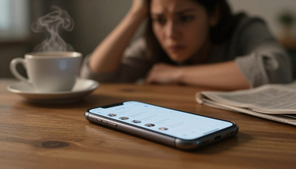 A close-up of a smartphone lying on a wooden table, illuminated by soft, warm lighting to create an intimate atmosphere. The screen displays a series of unread messages, with alerts visible but overly private content concealed, evoking a sense of anxiety and tension. In the background, a blurred figure of a concerned woman can be seen, dressed in modest casual clothing, contemplating as she gazes towards the phone, her expression revealing uncertainty and suspicion. Nearby, a steaming cup of coffee and a partially folded newspaper hint at the domestic environment, symbolizing everyday life. The depth of field focuses sharply on the phone while the background remains slightly out of focus, enhancing the mood of intimacy and unease.