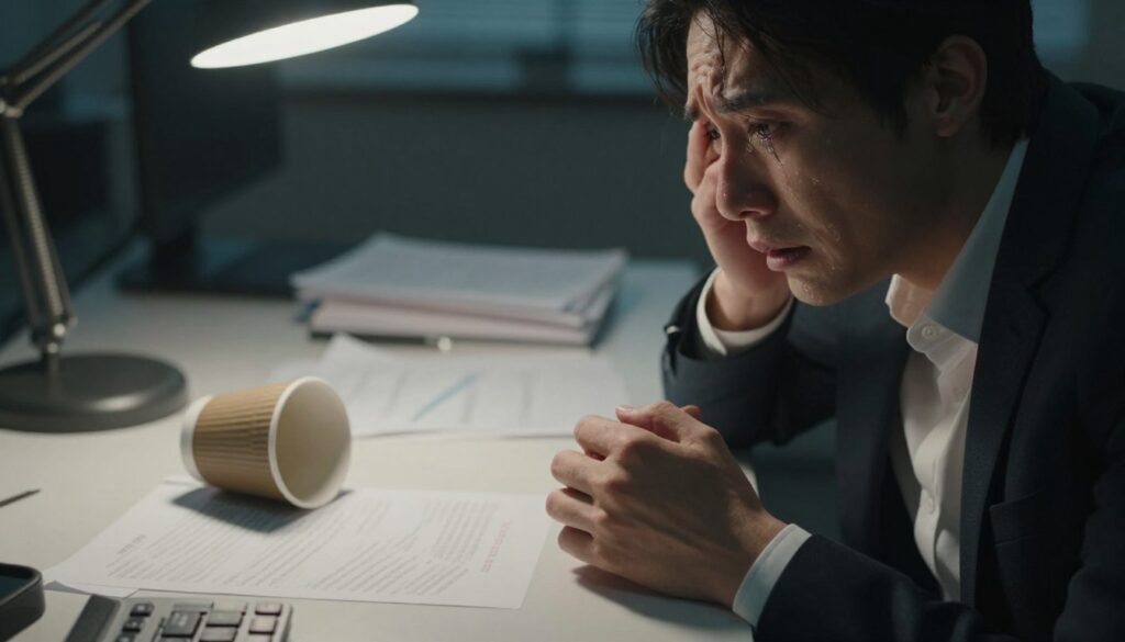 A close-up scene depicting the intense emotions following betrayal. In the foreground, a person in professional attire sits at a desk, their expression a mix of shock and despair, with tears glistening in their eyes. Their hands are clenched, reflecting chaos and inner turmoil. In the middle ground, scattered papers and a tipped-over coffee cup symbolize disruption. The background is softly blurred, showcasing a dimly lit office with shadows cast by a single overhead light, creating an atmosphere of heaviness and emotional weight. The overall mood is somber yet poignant, highlighting the struggle to process complex feelings, with a focus on vulnerability and the rawness of human emotion.