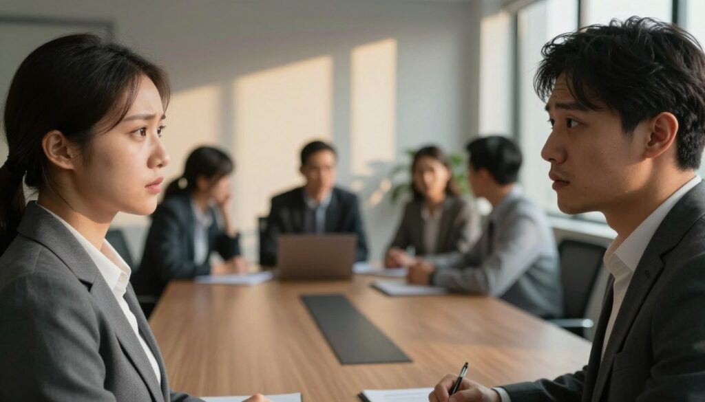 A close-up scene showcasing body language and subtle cues related to infidelity in a modern office environment. In the foreground, a man and a woman in professional attire exchange glances away from each other, their expressions revealing tension and unease. The middle ground captures a muted conference room with a softly lit ambiance, depicting shadows on the walls that hint at hidden emotions. In the background, a blurred group of colleagues engaged in a conversation, representing distraction and ignorance of the underlying issue. Natural sunlight filters through the windows, creating a warm but melancholic atmosphere, emphasizing the emotional complexity of betrayal. Use a shallow depth of field to focus on the two individuals’ body language while the surroundings remain softly out of focus.