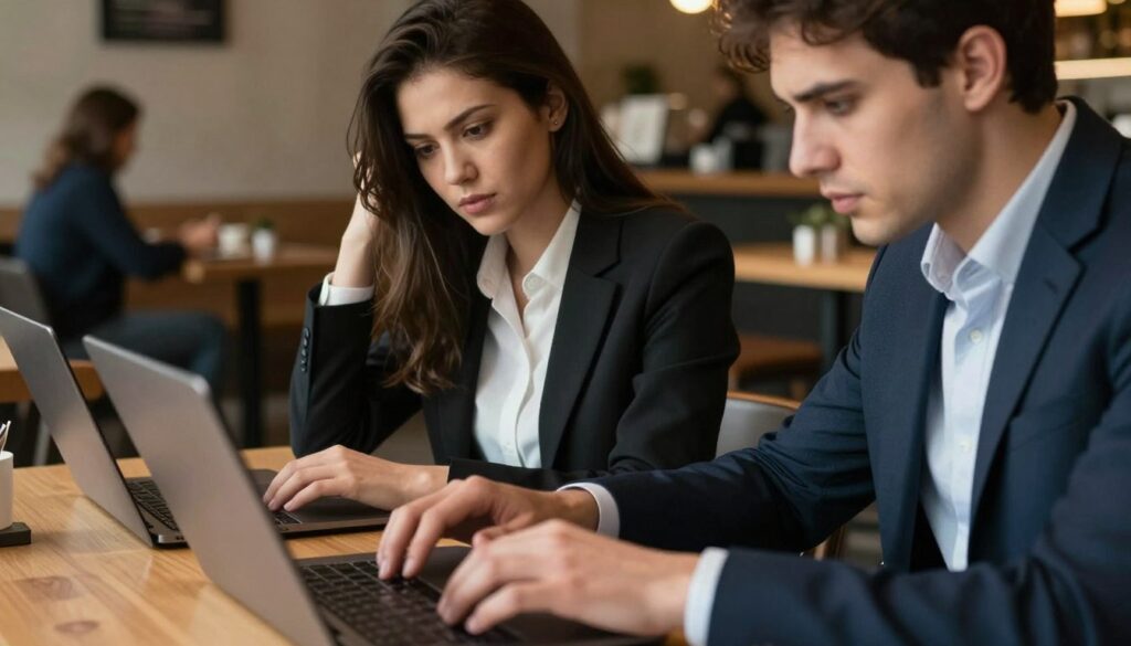 A close-up scene showing two individuals sitting at a coffee shop table, deeply engaged in writing on their laptops, with a sense of tension between them. The foreground features their hands typing away, emphasizing focus and intimacy. In the middle, the two figures, a man and a woman, are dressed in professional business attire, sharing glances that hint at an unspoken connection. The background showcases a cozy coffee shop atmosphere, with warm lighting casting soft shadows, and patrons quietly chatting, creating a sense of normalcy contrasted by the emotions at the table. The mood is introspective, highlighting the complexity of communication and the blurred lines of loyalty in modern relationships. The angle captures the table from a slight overhead, adding depth to the interaction.