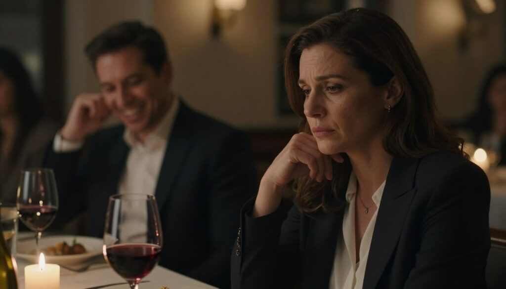 A close-up shot of a woman sitting alone at a beautifully set table in a dimly lit, cozy restaurant, her expression contemplative and slightly worried. She wears a professional outfit, indicating her maturity and seriousness. In the foreground, a glass of red wine gleams softly, hinting at a sense of sophistication. In the blurred middle ground, a man can be seen laughing and engaging in conversation with an unseen person, but his body language appears slightly closed off, suggesting hidden feelings. The background features warm candlelight, creating an intimate yet tense atmosphere, highlighting the theme of intuitive suspicions. The lighting is soft and dramatic, casting gentle shadows that enhance the mood of uncertainty and emotional complexity. A close-up shot of a woman sitting alone at a beautifully set table in a dimly lit, cozy restaurant, her expression contemplative and slightly worried. She wears a professional outfit, indicating her maturity and seriousness. In the foreground, a glass of red wine gleams softly, hinting at a sense of sophistication. In the blurred middle ground, a man can be seen laughing and engaging in conversation with an unseen person, but his body language appears slightly closed off, suggesting hidden feelings. The background features warm candlelight, creating an intimate yet tense atmosphere, highlighting the theme of intuitive suspicions. The lighting is soft and dramatic, casting gentle shadows that enhance the mood of uncertainty and emotional complexity.