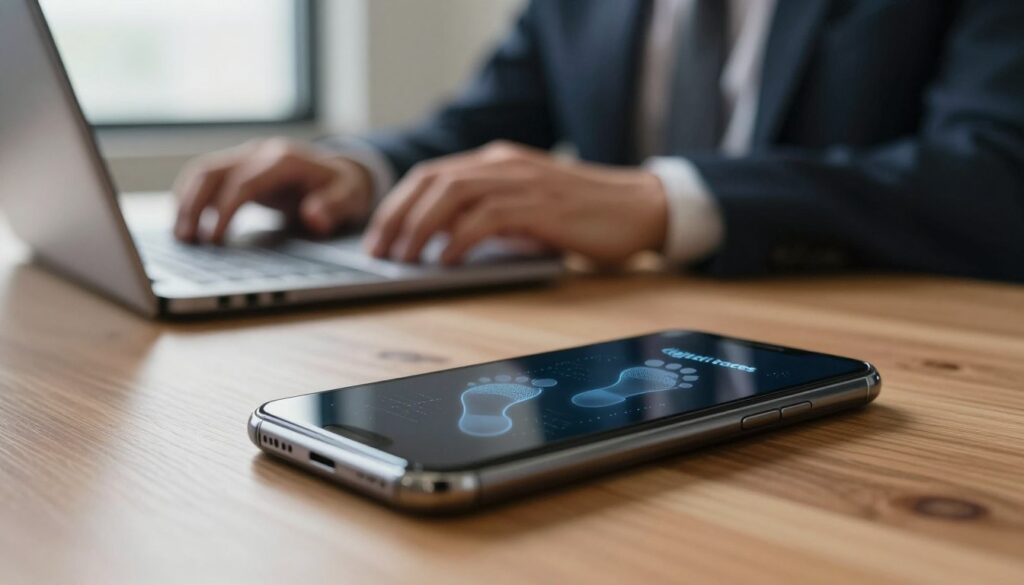 A close-up view of a modern smartphone lying on a wooden desk, screen displaying a series of faint, ethereal digital footprints, representing “digital traces.” In the background, a blurred figure of a professional in business attire quietly gazing at a laptop, capturing a sense of concern and privacy invasion. Soft, natural lighting casts gentle shadows, enhancing the reflective mood of secrecy. The focus is sharp on the phone and the digital traces, with a shallow depth of field that draws attention to the delicate balance between technology and personal space. The overall atmosphere is tense yet contemplative, evoking themes of trust and surveillance in contemporary relationships. A close-up view of a modern smartphone lying on a wooden desk, screen displaying a series of faint, ethereal digital footprints, representing “digital traces.” In the background, a blurred figure of a professional in business attire quietly gazing at a laptop, capturing a sense of concern and privacy invasion. Soft, natural lighting casts gentle shadows, enhancing the reflective mood of secrecy. The focus is sharp on the phone and the digital traces, with a shallow depth of field that draws attention to the delicate balance between technology and personal space. The overall atmosphere is tense yet contemplative, evoking themes of trust and surveillance in contemporary relationships.