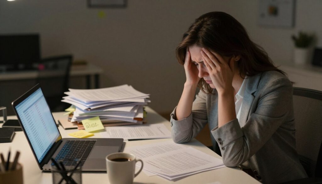 A composition illustrating the symptoms of chronic stress. In the foreground, a professional woman in modest casual clothing sits at a cluttered desk, her face showing signs of exhaustion with subtle dark circles under her eyes. In the middle ground, scattered papers and an overflowing coffee mug emphasize her overwhelming workload. Surrounding the desk, there are elements of chaos like sticky notes and an open laptop displaying a never-ending list of tasks. The background features a dimly lit office space with soft shadows, creating a subdued atmosphere that highlights the weight of stress. The lighting is warm yet muted, casting gentle shadows to evoke a sense of burden and fatigue. The overall mood should reflect the seriousness of ignoring chronic stress symptoms.