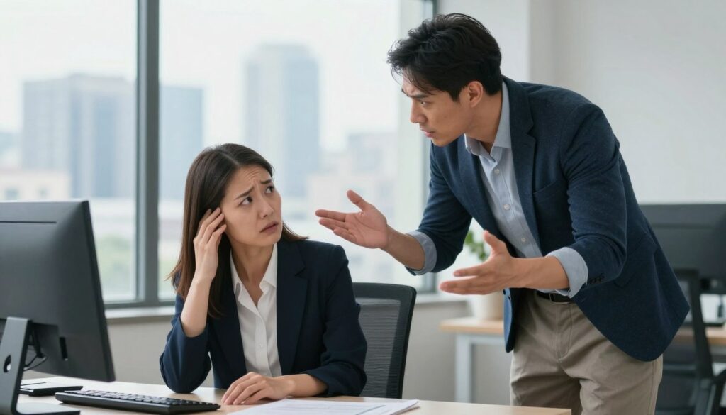 A concerned couple in a modern office setting, with one partner sitting at a desk, appearing distressed while looking intently at the other, who stands nearby with a serious expression. The partner at the desk, wearing professional attire, has an expression of confusion and hurt, while the standing partner, dressed in smart casual clothing, gestures emphatically, indicating tension. The background features a skyline view through large windows, suggesting an urban setting. Soft, natural lighting spills into the room, enhancing the emotional weight of the scene. The overall mood is charged with an atmosphere of conflict and manipulation, highlighting the dynamics of power and control in relationships. The composition captures the intensity of the moment, focusing on body language and facial expressions.