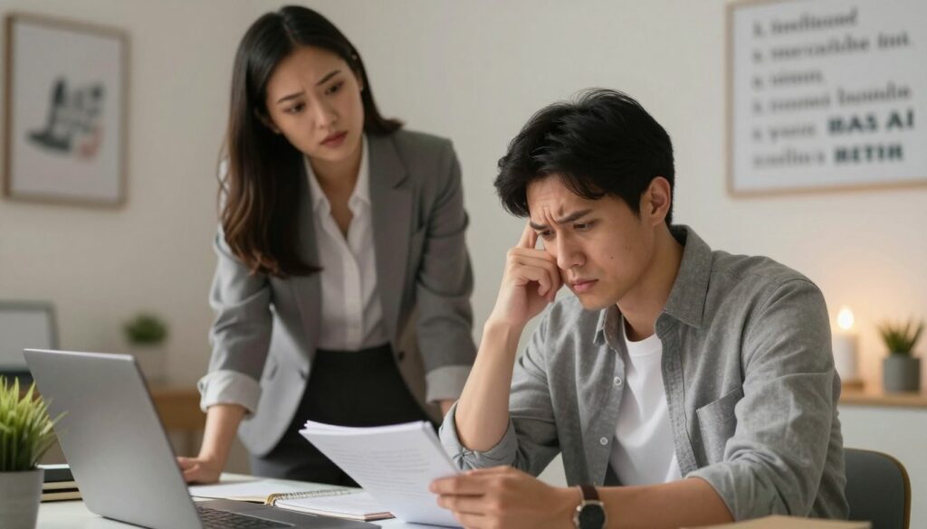 A concerned individual sitting at a stylish desk in a well-lit home office, dressed in professional business attire, showing signs of distress and contemplation. The foreground features the person, with a furrowed brow and thoughtful expression, examining a notebook filled with notes. In the middle, a partner stands nearby, also in business attire, looking empathetic yet worried, creating a sense of connection. The background shows a softly-lit room with motivational quotes on the wall, implying a supportive environment. The overall mood is one of introspection and concern, with warm lighting highlighting their expressions and creating a comforting atmosphere, conveying the emotional depth of the situation. A concerned individual sitting at a stylish desk in a well-lit home office, dressed in professional business attire, showing signs of distress and contemplation. The foreground features the person, with a furrowed brow and thoughtful expression, examining a notebook filled with notes. In the middle, a partner stands nearby, also in business attire, looking empathetic yet worried, creating a sense of connection. The background shows a softly-lit room with motivational quotes on the wall, implying a supportive environment. The overall mood is one of introspection and concern, with warm lighting highlighting their expressions and creating a comforting atmosphere, conveying the emotional depth of the situation.