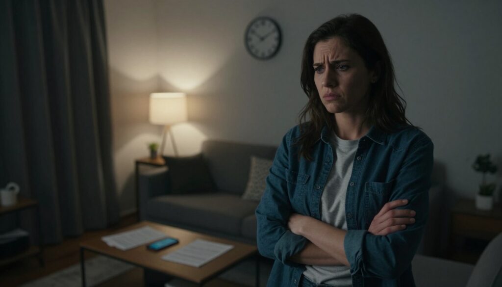 A concerned partner standing in a dimly lit living room, showcasing subtle signs of suspicion and worry. In the foreground, the partner's expression is pensive, eyes narrowed, with crossed arms, dressed in smart casual attire. In the middle ground, a coffee table cluttered with a phone and some documents suggests a distracted home life. In the background, soft lighting highlights a wall clock, symbolizing time passing and anxiety building. The atmosphere is tense and moody, with shadows creating depth and enhancing the feeling of unease. The angle is slightly tilted, adding a sense of instability, while capturing the essence of suspicion and emotional turmoil in everyday behavior. A concerned partner standing in a dimly lit living room, showcasing subtle signs of suspicion and worry. In the foreground, the partner's expression is pensive, eyes narrowed, with crossed arms, dressed in smart casual attire. In the middle ground, a coffee table cluttered with a phone and some documents suggests a distracted home life. In the background, soft lighting highlights a wall clock, symbolizing time passing and anxiety building. The atmosphere is tense and moody, with shadows creating depth and enhancing the feeling of unease. The angle is slightly tilted, adding a sense of instability, while capturing the essence of suspicion and emotional turmoil in everyday behavior.