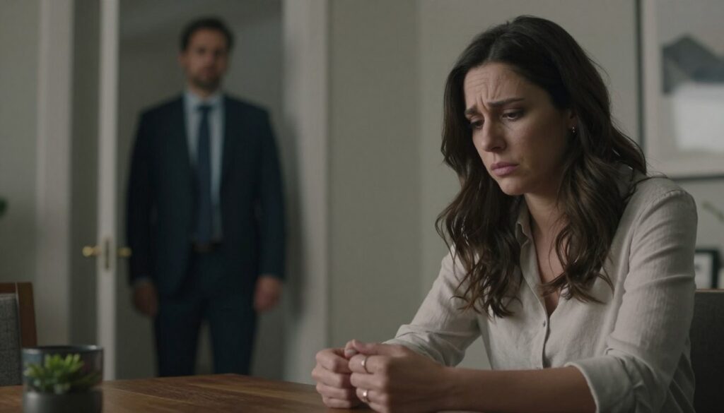 A concerned woman sits at a dining table, her expression revealing anxiety and uncertainty, dressed in a modest casual outfit. In the foreground, a close-up of her hands nervously fidgeting with a ring, symbolizing trust issues. In the middle, a slightly blurred image of a man in business attire standing by the doorway, looking away, conveying emotional distance. The background shows a dimly lit living room with a faint shadow suggesting a secretive presence. Soft, muted lighting creates a tense atmosphere, highlighting the emotional conflict. The angle is slightly tilted, creating a sense of unease, reinforcing the theme of betrayal in everyday behavior.