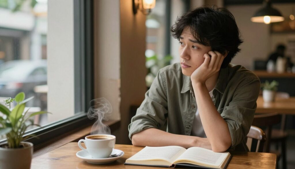 A contemplative indoor scene depicting a person sitting alone at a cozy, well-lit café table, lost in thought. The foreground features a steaming cup of coffee and an open notebook filled with reflections and strategies for moving on. In the middle, the individual, dressed in modest casual clothing, gazes out the window, their expression showing a mix of melancholy and determination. The background showcases a blurred view of the café’s warm ambiance, with soft lighting illuminating rustic wooden elements and greenery. The atmosphere is introspective and serene, capturing the struggle and resilience of dealing with past memories, suggesting hope for healing and clarity.