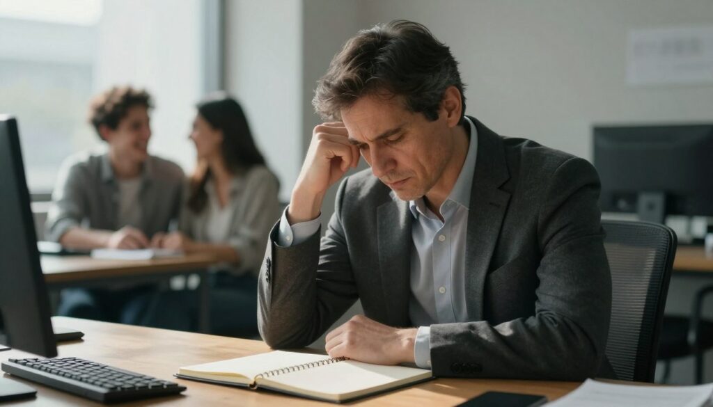 A contemplative office setting with a person in business attire sitting alone at a wooden desk. The individual, a middle-aged man, appears thoughtful, looking down at a blank notebook, reflecting a sense of emotional detachment. Soft, natural light streams through a nearby window, casting gentle shadows that enhance the somber mood. In the background, blurred images of a couple laughing together can be seen, contrasting the man's isolation. The focus is on the man's facial expression, which captures introspection and the absence of guilt. The overall atmosphere is one of quiet contemplation and emotional conflict, hinting at deeper psychological layers without explicit elements. A contemplative office setting with a person in business attire sitting alone at a wooden desk. The individual, a middle-aged man, appears thoughtful, looking down at a blank notebook, reflecting a sense of emotional detachment. Soft, natural light streams through a nearby window, casting gentle shadows that enhance the somber mood. In the background, blurred images of a couple laughing together can be seen, contrasting the man's isolation. The focus is on the man's facial expression, which captures introspection and the absence of guilt. The overall atmosphere is one of quiet contemplation and emotional conflict, hinting at deeper psychological layers without explicit elements.