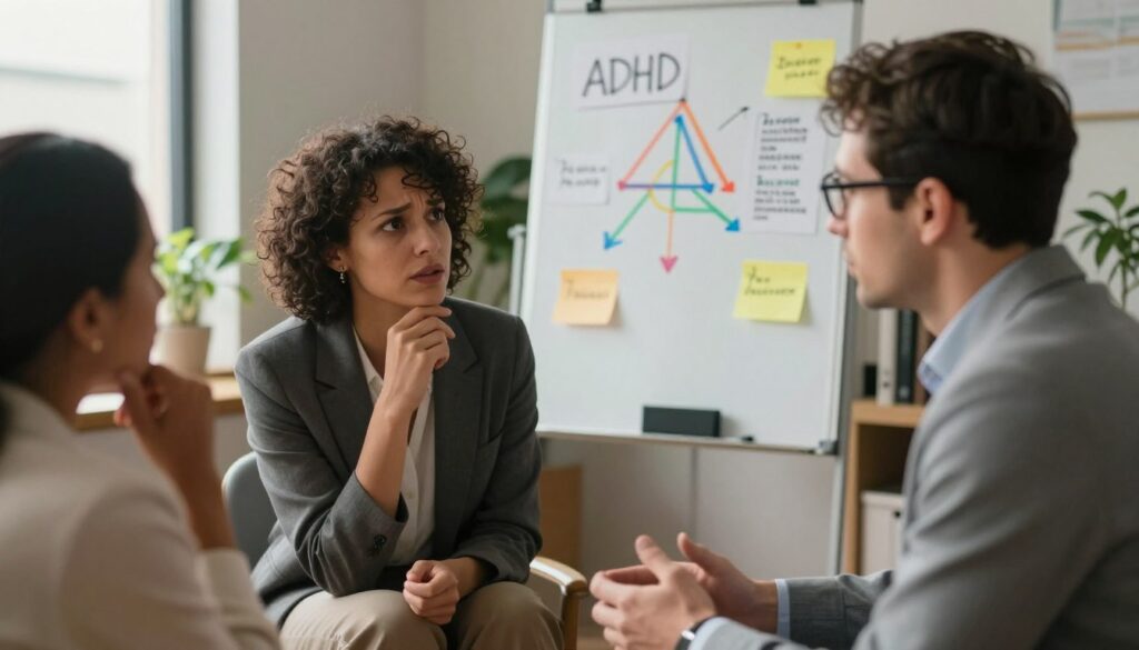A contemplative scene depicting a diverse group of professionals engaged in a serious conversation. In the foreground, two individuals—a man and a woman—wearing smart business attire, express concern and empathy. The woman, with short curly hair, gestures thoughtfully while the man, with glasses, listens intently. In the middle background, a whiteboard filled with colorful diagrams and notes symbolizes ADHD and relationship challenges, emphasizing collaboration. Soft, warm lighting creates a supportive atmosphere, enhancing the mood of understanding. The background features a cozy office setting with plants and natural light streaming through a window, suggesting a safe space for open dialogue. The angle captures the scene from slightly above, providing a comprehensive view of the interaction without distractions.