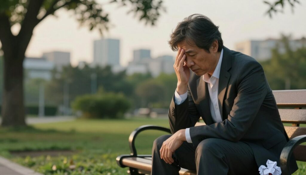 A contemplative scene depicting a middle-aged person seated on a park bench, deep in thought about their feelings of guilt. They are dressed in professional business attire, conveying a sense of conflict and introspection. In the foreground, a crumpled piece of paper lies next to them, symbolizing regret. The middle ground features soft greenery and blurred outlines of trees, providing a serene yet somber backdrop. The background should include a distant view of a city skyline, hinting at everyday life continuing around them. Soft, diffused golden hour lighting casts warm shadows, enhancing the emotional atmosphere. The overall mood is reflective and thoughtful, inviting the viewer to ponder the complexities of guilt and reconciliation. A contemplative scene depicting a middle-aged person seated on a park bench, deep in thought about their feelings of guilt. They are dressed in professional business attire, conveying a sense of conflict and introspection. In the foreground, a crumpled piece of paper lies next to them, symbolizing regret. The middle ground features soft greenery and blurred outlines of trees, providing a serene yet somber backdrop. The background should include a distant view of a city skyline, hinting at everyday life continuing around them. Soft, diffused golden hour lighting casts warm shadows, enhancing the emotional atmosphere. The overall mood is reflective and thoughtful, inviting the viewer to ponder the complexities of guilt and reconciliation.