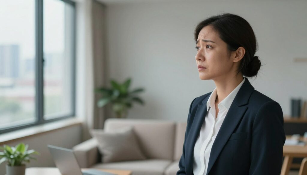 A contemplative scene depicting a person in professional business attire, standing in a softly lit room with a neutral color palette. The foreground shows the individual with a pensive expression, gazing out of a large window, reflecting on emotions of hurt and resolution. The middle ground includes a cozy, inviting environment with light furniture and hints of greenery, symbolizing healing and growth. In the background, a blurred city skyline suggests the world outside continues, representing the complexity of moving on. The overall atmosphere is one of introspection and calm, emphasizing the importance of choosing peace over revenge, with soft natural lighting enhancing the emotional tone.