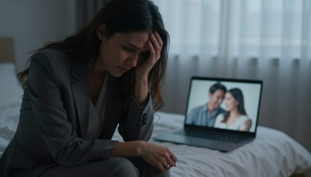 A contemplative scene depicting the emotional turmoil of guilt following betrayal. In the foreground, a close-up of a young professional woman in modest business attire, sitting on the edge of her bed, her expression a mix of sorrow and introspection. Her hands rest on her lap, fidgeting with a small piece of jewelry, symbolizing regret. The middle ground features an open laptop with a blurred image of a couple smiling, representing her past relationship. In the background, soft evening light filters through sheer curtains, casting gentle shadows that enhance the mood of reflection and remorse. The atmosphere is somber yet intimate, conveying the weight of her internal conflict. The angle is slightly above her, focusing on her facial expression and the poignant contrast of light and shadow. A contemplative scene depicting the emotional turmoil of guilt following betrayal. In the foreground, a close-up of a young professional woman in modest business attire, sitting on the edge of her bed, her expression a mix of sorrow and introspection. Her hands rest on her lap, fidgeting with a small piece of jewelry, symbolizing regret. The middle ground features an open laptop with a blurred image of a couple smiling, representing her past relationship. In the background, soft evening light filters through sheer curtains, casting gentle shadows that enhance the mood of reflection and remorse. The atmosphere is somber yet intimate, conveying the weight of her internal conflict. The angle is slightly above her, focusing on her facial expression and the poignant contrast of light and shadow.
