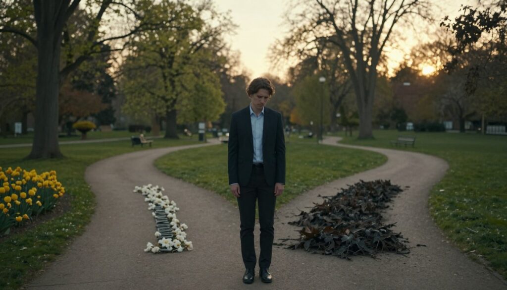 A contemplative scene featuring a split pathway in a serene park setting, symbolizing the choice between forgiveness and departure. In the foreground, a person dressed in professional business attire stands at the fork in the path, looking contemplative. Their expression reflects inner conflict, embodying the struggle between heart and mind. The middle ground showcases two distinct paths: one adorned with blooming flowers symbolizing forgiveness, and the other lined with dark, overgrown foliage indicating the need to let go. The background features tall, soft-focus trees under a gentle, golden sunset, casting warm light that creates a reflective and introspective atmosphere. The composition should evoke a sense of decision-making and emotional weight, with careful attention to lighting and angles that enhance the mood of contemplation and resolution.