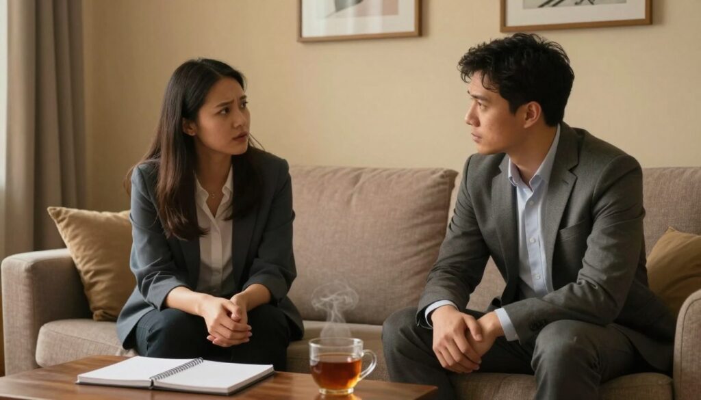 A contemplative scene illustrating the impact of ADHD symptoms on relationships and safety, featuring a couple sitting in a softly lit, cozy living room. In the foreground, a man and woman, dressed in professional business attire, sit on a comfortable couch facing each other, with expressions of concern and understanding. The middle ground includes a small coffee table with a notebook and a steaming cup of tea, symbolizing communication and shared moments. The background shows warm-toned walls adorned with thoughtful artwork. Soft, diffused lighting creates an intimate atmosphere, capturing a sense of vulnerability and connection, as if they are navigating a challenging conversation. The overall mood is reflective and supportive, emphasizing the importance of dialogue in relationships affected by ADHD.