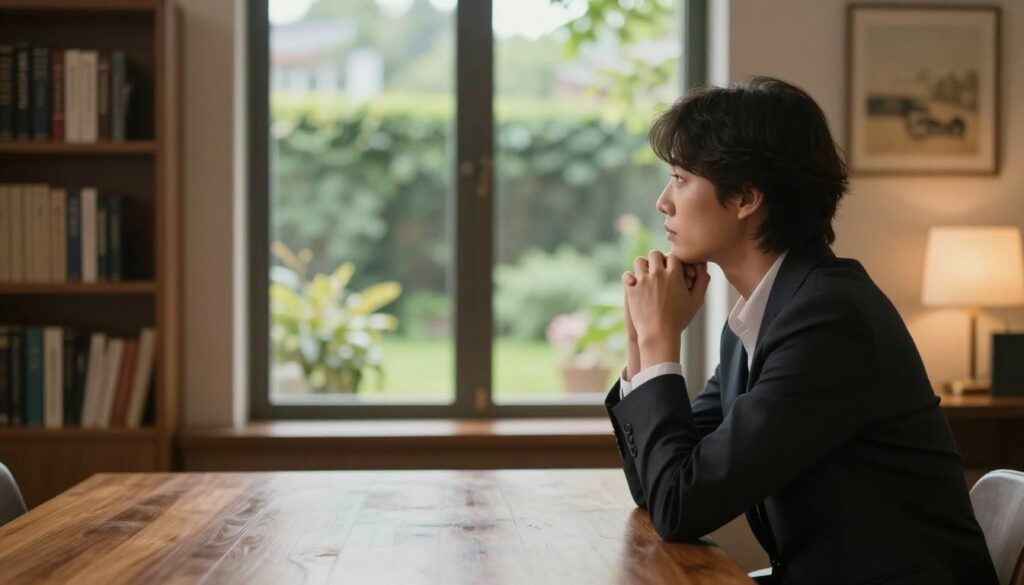 A contemplative scene illustrating the moment of decision in a serene setting. In the foreground, a person dressed in professional business attire sits at a wooden table, their hands clasped in thought, gazing out a large window. The middle ground features a soft-focus view of a lush garden outside, symbolizing growth and potential. The background showcases a warm, inviting room with subtle lighting, highlighting the emotional weight of the moment – perhaps a bookshelf filled with self-help books and a calming piece of art on the wall. The atmosphere is introspective and peaceful, evoking a sense of reflection and inner turmoil as the subject grapples with the choice of staying or leaving. A contemplative scene illustrating the moment of decision in a serene setting. In the foreground, a person dressed in professional business attire sits at a wooden table, their hands clasped in thought, gazing out a large window. The middle ground features a soft-focus view of a lush garden outside, symbolizing growth and potential. The background showcases a warm, inviting room with subtle lighting, highlighting the emotional weight of the moment – perhaps a bookshelf filled with self-help books and a calming piece of art on the wall. The atmosphere is introspective and peaceful, evoking a sense of reflection and inner turmoil as the subject grapples with the choice of staying or leaving.