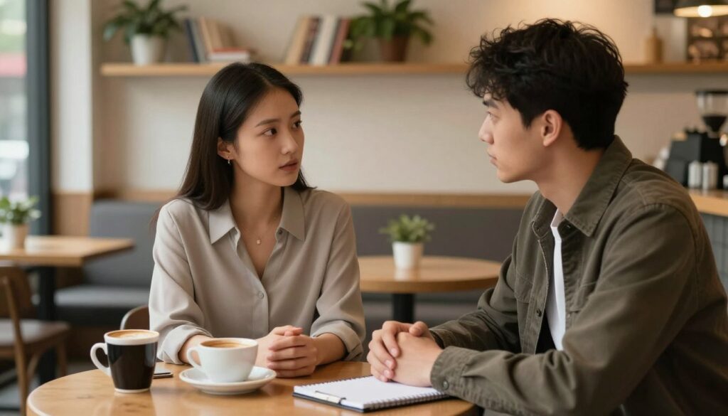 A couple is seated at a cozy coffee shop, engaged in a serious but calm conversation. The woman, dressed in a professional blouse, is looking directly at her partner, who is wearing a smart casual jacket, both reflecting a mood of vulnerability and openness. The foreground features a small table with coffee cups and a notepad, hinting at a thoughtful discussion. In the middle background, soft lighting illuminates the scene, creating an intimate atmosphere with warm tones. The background reveals shelves with books and plants, enhancing the cozy ambiance. The overall composition should convey a sense of earnest connection and empathy, capturing the moment of dialogue after betrayal, while maintaining a respectful and supportive environment.