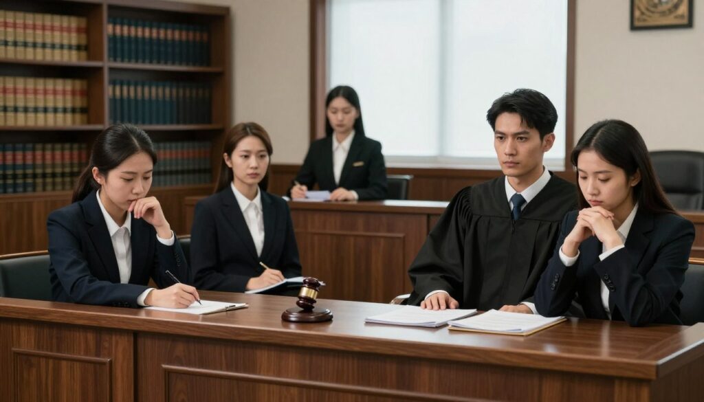 A courtroom setting depicting a judge in traditional robes, presiding over a divorce case involving infidelity. In the foreground, the judge is seated at an elevated bench, looking sternly at two individuals—a man and a woman—who are seated at a table nearby, both dressed in professional business attire, showing expressions of distress and contemplation. The middle ground showcases onlookers, including a lawyer taking notes and a court clerk organizing documents. The background features bookshelves filled with legal books, a large window filtering in soft, natural light, creating a serious and contemplative atmosphere. The overall mood conveys tension and the gravity of the situation, with a focus on justice being administered. A courtroom setting depicting a judge in traditional robes, presiding over a divorce case involving infidelity. In the foreground, the judge is seated at an elevated bench, looking sternly at two individuals—a man and a woman—who are seated at a table nearby, both dressed in professional business attire, showing expressions of distress and contemplation. The middle ground showcases onlookers, including a lawyer taking notes and a court clerk organizing documents. The background features bookshelves filled with legal books, a large window filtering in soft, natural light, creating a serious and contemplative atmosphere. The overall mood conveys tension and the gravity of the situation, with a focus on justice being administered.