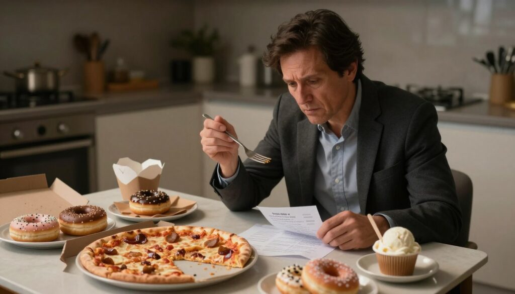 A cozy indoor setting with a stressed individual, a middle-aged person in professional attire, sitting at a small kitchen table surrounded by an array of comfort foods like pizza, donuts, and ice cream, conveying the concept of "stress eating." The foreground features the person with a worried expression, holding a fork above a half-eaten pizza slice, while their other hand rests on a crumpled paper filled with notes and an incomplete task list. In the middle, there are cluttered plates and takeaway boxes, hinting at overindulgence. The background shows a dimly lit kitchen with soft lighting, creating a warm yet heavy atmosphere. The focus is on the individual’s conflicted emotions, capturing the struggle between stress and eating in a relatable, realistic manner. A cozy indoor setting with a stressed individual, a middle-aged person in professional attire, sitting at a small kitchen table surrounded by an array of comfort foods like pizza, donuts, and ice cream, conveying the concept of "stress eating." The foreground features the person with a worried expression, holding a fork above a half-eaten pizza slice, while their other hand rests on a crumpled paper filled with notes and an incomplete task list. In the middle, there are cluttered plates and takeaway boxes, hinting at overindulgence. The background shows a dimly lit kitchen with soft lighting, creating a warm yet heavy atmosphere. The focus is on the individual’s conflicted emotions, capturing the struggle between stress and eating in a relatable, realistic manner.