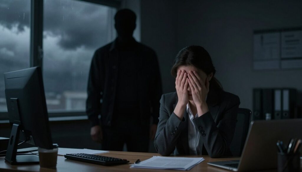 A dark and moody scene representing emotional abuse, with a divided composition. In the foreground, a woman in professional attire sits at a dimly lit desk, looking distressed and isolated, her hands covering her face, conveying a sense of despair. In the middle, a shadowy figure looms over her, representing the manipulative partner, their features obscured to evoke mystery and menace. In the background, a window reveals a stormy sky, symbolizing chaos and turmoil, while office items scattered around depict a lack of control in her life. The lighting is low and dramatic, casting deep shadows to enhance the oppressive atmosphere, capturing the essence of psychological manipulation and emotional turmoil. A dark and moody scene representing emotional abuse, with a divided composition. In the foreground, a woman in professional attire sits at a dimly lit desk, looking distressed and isolated, her hands covering her face, conveying a sense of despair. In the middle, a shadowy figure looms over her, representing the manipulative partner, their features obscured to evoke mystery and menace. In the background, a window reveals a stormy sky, symbolizing chaos and turmoil, while office items scattered around depict a lack of control in her life. The lighting is low and dramatic, casting deep shadows to enhance the oppressive atmosphere, capturing the essence of psychological manipulation and emotional turmoil.