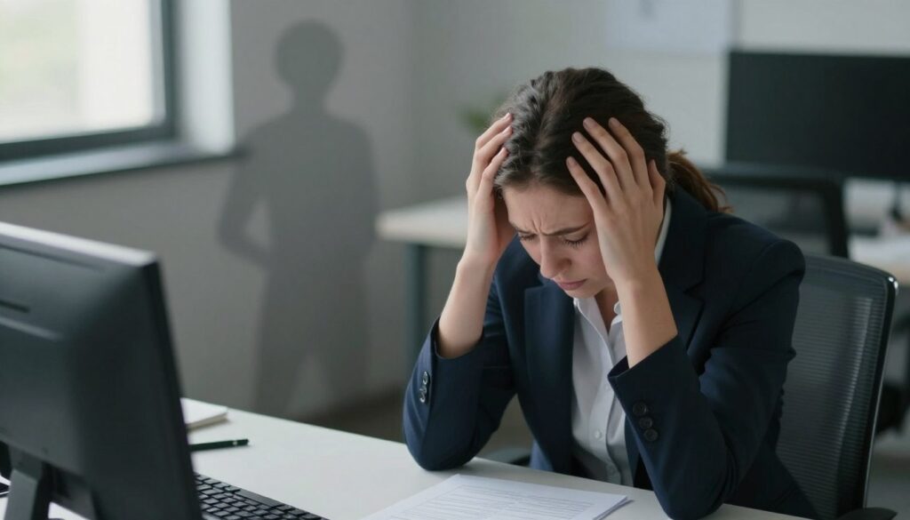 A depiction of the psychological symptoms of post-traumatic stress disorder (PTSD) in a daily life setting. Foreground: A person in professional attire, sitting at a desk with a worried expression, hands on their head, symbolizing stress and anxiety. Middle: Subtle imagery depicting shadows and blurred figures in the background, representing intrusive thoughts and memories. Background: An office environment, with papers and a computer, suggesting a busy atmosphere. Natural lighting from a window casts soft shadows, creating a somber and reflective mood. The angle is slightly above eye-level, capturing the person's emotional struggle while highlighting the contrast with the mundane surroundings, reflecting the internal battle of PTSD in everyday life.