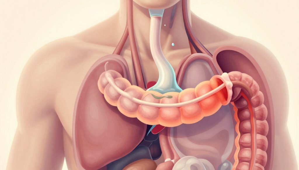 A detailed anatomical illustration of the human esophagus highlighting the gastroesophageal junction, depicting signs of reflux disease. In the foreground, include a close-up of the esophagus showing irritation and inflammation, with contrasting colors to emphasize the condition. In the middle ground, illustrate a representation of acidic fluid rising, symbolizing reflux, with droplets cascading towards the throat area. The background can be a soft blend of soothing hues, creating a calm atmosphere that contrasts with the discomfort of the condition. Use soft, diffused lighting to enhance the visual clarity and add a medical textbook feel to the scene. The overall mood should be informative yet accessible, suitable for a medical article. A detailed anatomical illustration of the human esophagus highlighting the gastroesophageal junction, depicting signs of reflux disease. In the foreground, include a close-up of the esophagus showing irritation and inflammation, with contrasting colors to emphasize the condition. In the middle ground, illustrate a representation of acidic fluid rising, symbolizing reflux, with droplets cascading towards the throat area. The background can be a soft blend of soothing hues, creating a calm atmosphere that contrasts with the discomfort of the condition. Use soft, diffused lighting to enhance the visual clarity and add a medical textbook feel to the scene. The overall mood should be informative yet accessible, suitable for a medical article.
