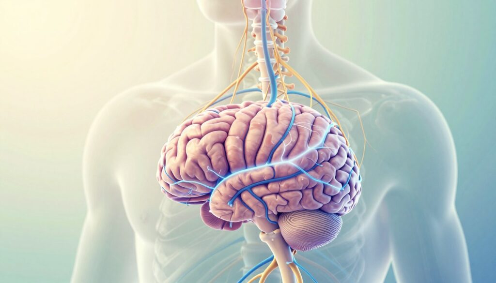 A detailed illustration of the human nervous system, intricately showcasing the brain, spinal cord, and peripheral nerves. In the foreground, a close-up of the brain, with highlighted neural pathways glowing in soft blues and purples to signify stress and recovery. The middle layer features the spinal cord, depicted in a semi-transparent view, allowing a glimpse of the intricate nerve connections branching out. The background presents an abstract representation of the human body silhouette, subtly blended with calming colors like soft greens and gentle whites, evoking a sense of peace and healing. The lighting is warm, casting a soothing glow, creating an atmosphere of tranquility and focus. The composition aims to convey the importance of the nervous system in managing stress, fostering a sense of calm and resilience. A detailed illustration of the human nervous system, intricately showcasing the brain, spinal cord, and peripheral nerves. In the foreground, a close-up of the brain, with highlighted neural pathways glowing in soft blues and purples to signify stress and recovery. The middle layer features the spinal cord, depicted in a semi-transparent view, allowing a glimpse of the intricate nerve connections branching out. The background presents an abstract representation of the human body silhouette, subtly blended with calming colors like soft greens and gentle whites, evoking a sense of peace and healing. The lighting is warm, casting a soothing glow, creating an atmosphere of tranquility and focus. The composition aims to convey the importance of the nervous system in managing stress, fostering a sense of calm and resilience.
