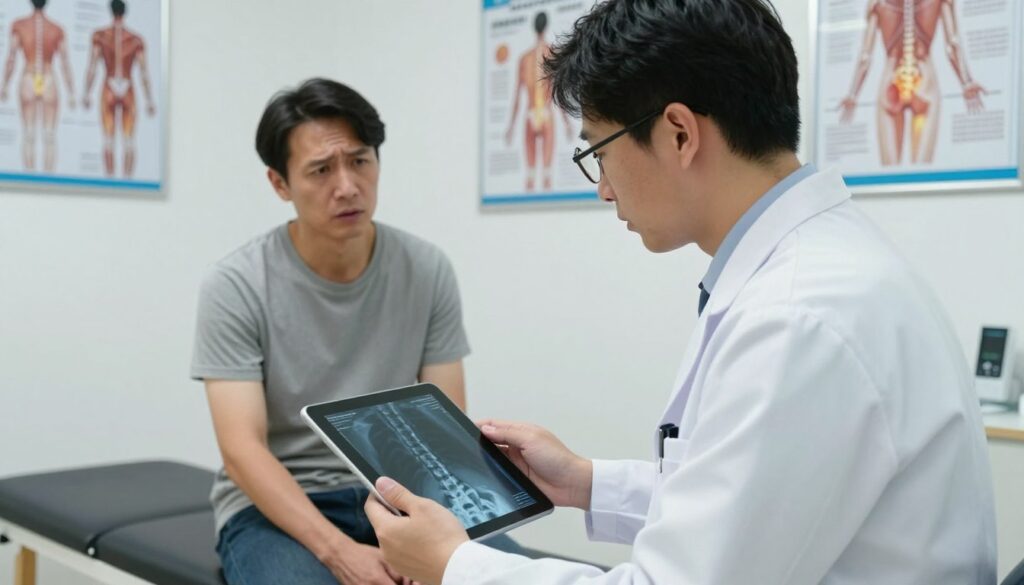 A detailed scene depicting a spine diagnostic examination. In the foreground, a healthcare professional wearing a white lab coat and glasses is attentively reviewing an X-ray of a human spine on a digital tablet. In the middle ground, a patient in modest casual clothing is seated on an examination table, exhibiting a concerned expression. Behind them, medical posters related to back health and muscle tension management adorn the walls, contributing to the clinical atmosphere. The lighting is bright and clinical, highlighting the focus on the diagnostic process. The camera angle is slightly elevated, capturing both the healthcare professional's engaged demeanor and the patient's anxiety. The overall mood is one of professionalism, care, and focus, emphasizing the serious nature of back pain diagnostics.