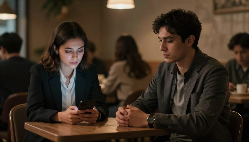 A dimly lit, intimate café setting serves as the backdrop, with soft shadows and warm, inviting tones creating a sense of secrecy. In the foreground, a couple sits across from each other at a small table, their expressions subtly conveying tension and hidden emotions. The woman, dressed in professional attire, glances discreetly at her phone, while the man, in a smart casual outfit, seems distracted, avoiding eye contact. In the middle ground, a slight blur of other patrons adds to the atmosphere, hinting at the everyday life around them. The lighting focuses on the couple, casting gentle highlights on their faces to emphasize their complex emotions. The mood is tense yet serene, reflecting the theme of hidden romances in ordinary relationships.