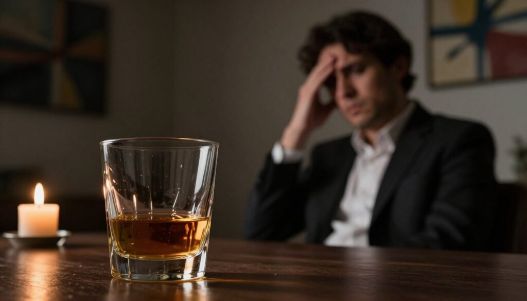 A dimly lit room evokes a sense of tension and unease. In the foreground, a glass of whiskey sits on a table, slightly tilted, capturing the reflection of the dim light. A figure dressed in professional business attire is seated at the table, their expression a mix of anxiety and suspicion as they gaze toward an unseen shadowy figure in the background, suggesting doubt and jealousy. The walls are adorned with abstract art, hinting at chaos, while a flickering candle casts dramatic shadows, enhancing the mood of paranoia. The overall atmosphere feels heavy and introspective, capturing the psychological impact of substance use on mental health and perception. The focus is sharp on the glass and the figure, with a soft bokeh effect on the background. A dimly lit room evokes a sense of tension and unease. In the foreground, a glass of whiskey sits on a table, slightly tilted, capturing the reflection of the dim light. A figure dressed in professional business attire is seated at the table, their expression a mix of anxiety and suspicion as they gaze toward an unseen shadowy figure in the background, suggesting doubt and jealousy. The walls are adorned with abstract art, hinting at chaos, while a flickering candle casts dramatic shadows, enhancing the mood of paranoia. The overall atmosphere feels heavy and introspective, capturing the psychological impact of substance use on mental health and perception. The focus is sharp on the glass and the figure, with a soft bokeh effect on the background.