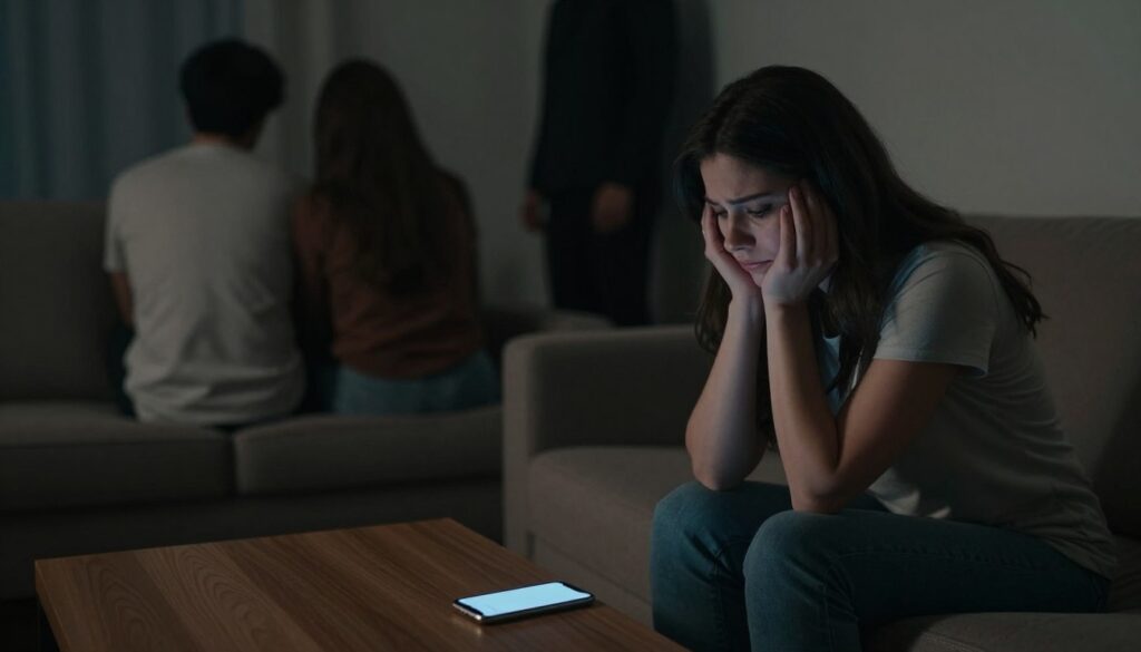 A dimly lit room represents the emotional weight of betrayal; in the foreground, a woman in modest casual clothes sits on a couch, her face a mixture of sadness and contemplation, her gaze directed toward a smartphone on the coffee table, symbolizing digital betrayal. In the middle ground, a shadowy figure looms nearby, suggesting the presence of emotional deceit, while the background reveals a blurred image of a couple sitting together, their backs turned, showcasing distance in a once-close relationship. The lighting is soft and muted, casting gentle shadows, capturing a melancholic yet reflective atmosphere. The angle is slightly overhead, emphasizing isolation, with a focus on the woman's expression, evoking empathy and introspection about emotional infidelity in the digital age.