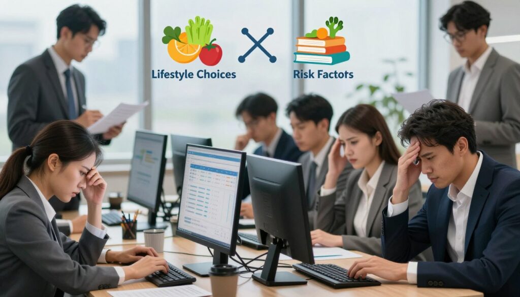 A dynamic and thought-provoking image reflecting the theme of stress and its impact on risk factors. In the foreground, show a diverse group of professionals in business attire, depicting various stress-related behaviors, such as anxiously typing at computers, examining health charts, and engaging in conversations. In the middle, illustrate elements representing lifestyle choices and habits—fruits and vegetables, exercise equipment, and medical books, symbolizing preventative measures. The background should be a blurred office setting, indicative of a high-pressure environment, with a large window letting in soft, natural light to create a contemplative mood. The overall atmosphere conveys urgency and seriousness while promoting awareness of health risks associated with stress.