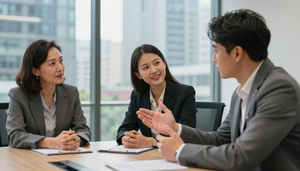 A group of three diverse professionals in a modern office setting, engaged in a lighthearted yet serious conversation about boundaries in relationships. In the foreground, a middle-aged woman in a tailored suit gestures thoughtfully, while a younger man in smart casual attire listens attentively, leaning forward with interest. A third professional, a woman of Asian descent, observes with a friendly smile, seated at a sleek conference table. The middle ground features a glass wall showcasing a bustling cityscape, symbolizing the external pressures and dynamics of workplace relationships. Soft, natural daylight filters through, creating a warm and inviting atmosphere, while a focus on facial expressions conveys the nuances of conversation and social interaction. A professional and reflective mood resonates throughout the scene.