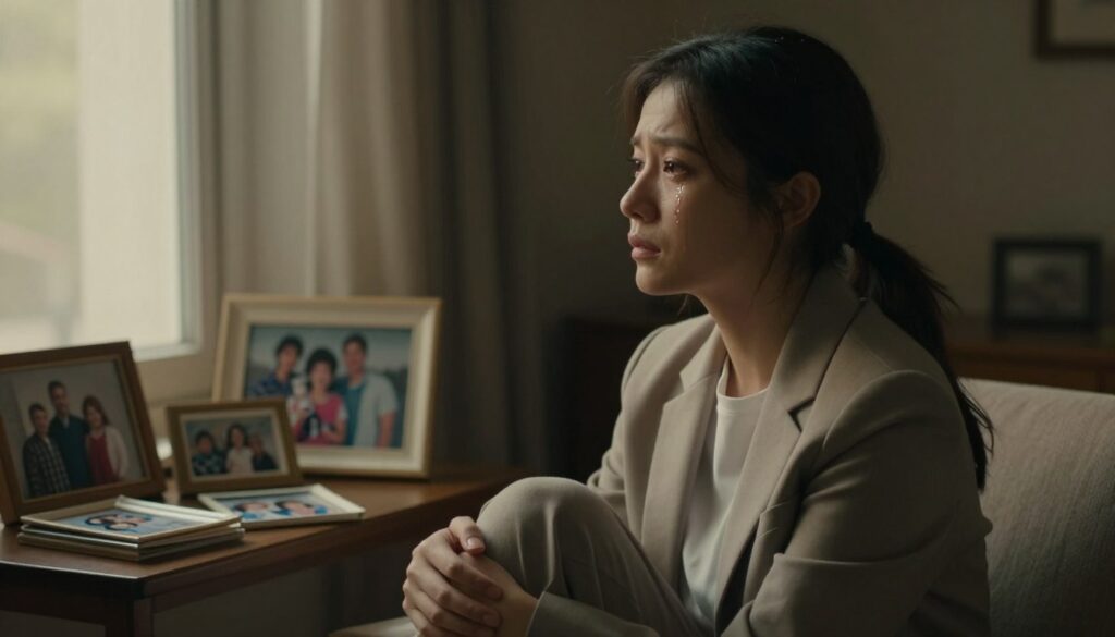 A heartfelt scene depicting a person sitting introspectively in a softly lit room, surrounded by shadows and warm, muted colors. In the foreground, a young woman with a contemplative expression is dressed in modest, professional attire, her hands gently clasped in her lap. She gazes out a window, with tears glistening in her eyes, symbolizing vulnerability and emotional depth. The middle ground features family photographs and personal mementos scattered on a nearby table, hinting at cherished memories. The background consists of a cozy, dimly lit room bathed in golden light, enhancing the atmosphere of reflection and emotional struggle. Soft focus and warm lighting create an intimate, empathetic mood, emphasizing the importance of acknowledging one’s emotions rather than hiding them away.