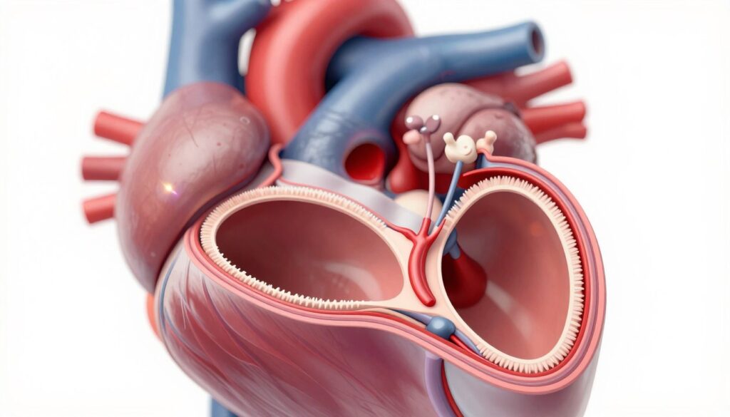 A highly detailed illustration of a mitral valve leaflet, showcasing its anatomical structure and function. The foreground features an elegantly rendered mitral valve half-open, emphasizing the delicate, fibrous edges of the valve leaflets. In the middle ground, a representation of the heart with a focus on the left atrium and left ventricle, highlighting the relationship between the valve and surrounding tissues. The background includes a soft-focus depiction of blood flow, illustrated with subtle red and blue hues to represent oxygenated and deoxygenated blood. The lighting is bright and clinical, mimicking a well-lit medical setting, with a slight lens flare to create a dynamic effect. The overall mood is informative and scientific, aiming to educate viewers on the complexities of mitral valve insufficiency.