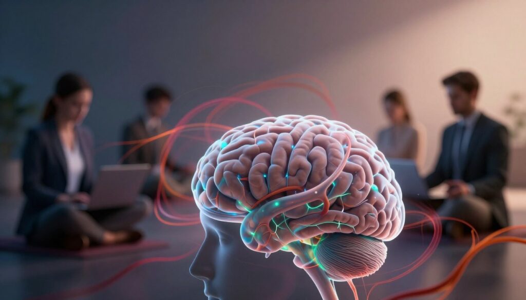 A human brain depicted in the foreground, partially transparent to reveal intricate networks of neurons, glowing softly with hints of blue and green light, symbolizing acute stress responses. Surrounding the brain, abstract representations of stress hormones like cortisol swirl around, visualized as deep red and orange wisps, suggesting chaos and tension. In the middle distance, a serene environment contrasts this turmoil, with blurred silhouettes of people engaged in focused activities—studying, working at a laptop, and meditating—wearing professional business attire to reflect mindfulness and concentration. The background features a calming gradient of colors, transitioning from dark to light, representing the battle between stress and tranquility. Soft, diffused lighting enhances the mood, creating an atmosphere that captures both the weight of chronic stress and the potential for focus and clarity. A human brain depicted in the foreground, partially transparent to reveal intricate networks of neurons, glowing softly with hints of blue and green light, symbolizing acute stress responses. Surrounding the brain, abstract representations of stress hormones like cortisol swirl around, visualized as deep red and orange wisps, suggesting chaos and tension. In the middle distance, a serene environment contrasts this turmoil, with blurred silhouettes of people engaged in focused activities—studying, working at a laptop, and meditating—wearing professional business attire to reflect mindfulness and concentration. The background features a calming gradient of colors, transitioning from dark to light, representing the battle between stress and tranquility. Soft, diffused lighting enhances the mood, creating an atmosphere that captures both the weight of chronic stress and the potential for focus and clarity.