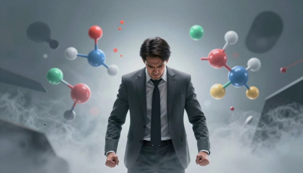 A human figure in a professional business attire standing in a semi-transparent environment, surrounded by swirling mist symbolizing stress. The foreground features the figure with tense muscles and clenched fists, capturing the essence of the "fight or flight" reaction. The middle ground showcases stylized representations of cortisol and adrenaline molecules, illustrated in dynamic colors to indicate heightened stress levels. In the background, abstract shapes and shadows create a chaotic atmosphere, reminiscent of overwhelming pressures. Soft, diffused lighting highlights the figure’s expression of determination amidst confusion. The overall mood should convey a sense of urgency, yet also the potential for calm and control. Use a dramatic perspective to enhance the emotional intensity of the scene.