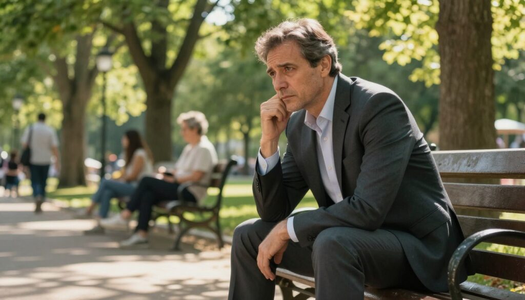A middle-aged man, dressed in professional business attire, sits on a park bench, looking contemplative and pensive. His expression reveals a mix of concern and introspection. Surrounding him are lush green trees and a serene, sunlit park setting, symbolizing life’s transitions. In the background, other people enjoy their day, providing a contrast between the man’s internal struggle and the joyful scene. Soft, warm lighting filters through the leaves, creating dappled shadows on the ground. The angle is slightly tilted to emphasize the man’s profile, capturing the essence of a midlife crisis. The atmosphere is reflective and serene, inviting viewers to ponder the complexities of personal change.