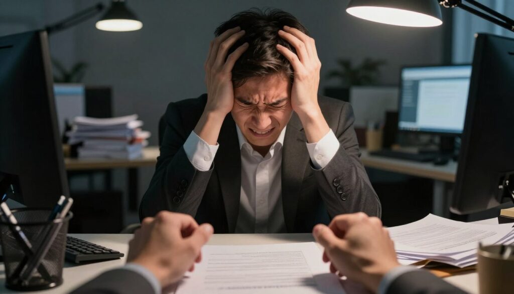 A person sitting at a cluttered desk in an office, visibly overwhelmed by stress. The foreground features a close-up of their hands gripping the edge of the desk, knuckles white, showing tension. In the middle, the individual's face reflects anxiety; furrowed brows and clenched jaw, dressed in professional business attire. The background showcases a chaotic workspace: scattered papers, an overflowing trash can, and a flickering computer screen, all dimly lit by a single overhead light casting dramatic shadows. The atmosphere is heavy, depicting a sense of urgency and pressure, fitting for the theme of chronic stress and its health repercussions. The color palette is muted with stark contrasts, emphasizing the weight of stress on health.