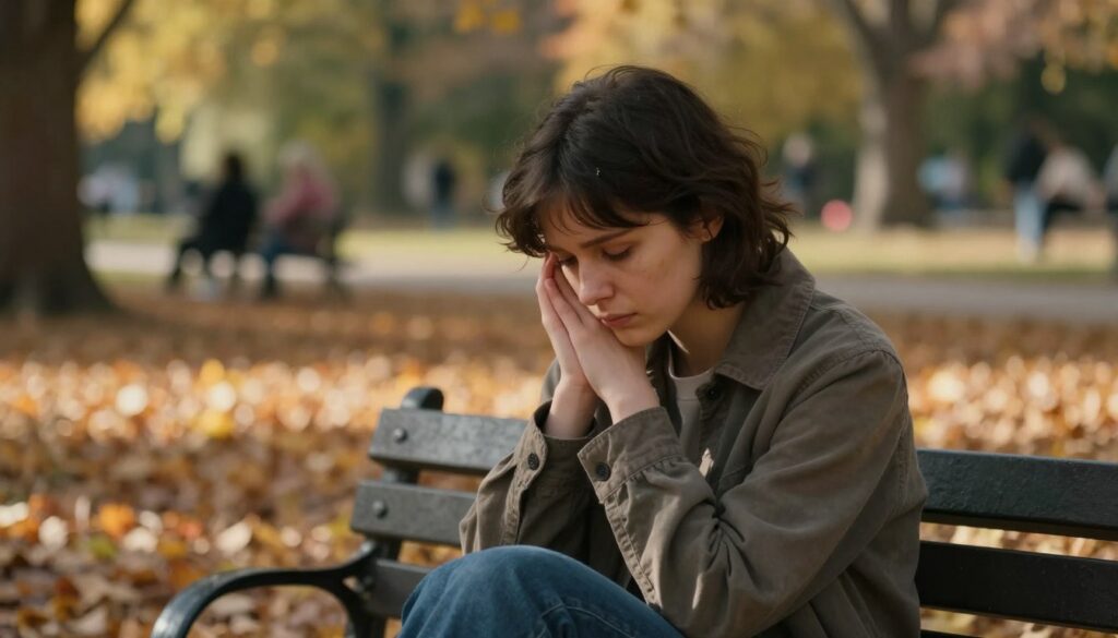A person sitting on a park bench, looking contemplative and introspective, dressed in modest casual clothing. The foreground features a gentle close-up of their expression, conveying a mix of sadness and hope. In the middle ground, the park is filled with autumn leaves, symbolizing change and transition, as soft sunlight filters through the trees, creating a warm, inviting atmosphere. The background shows a peaceful park scene with blurred figures engaging in light, everyday activities, emphasizing a sense of normalcy amidst personal turmoil. The overall mood is reflective and somber but hints at a potential for healing and renewal. The lighting is soft and natural, evoking a sense of calm amidst emotional distress, captured using a shallow depth of field.