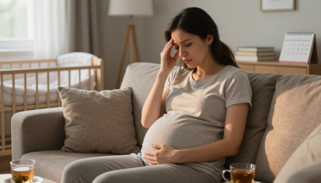 A pregnant woman in her third trimester sits on a couch, looking pensive and slightly distressed, embodying the signs of chronic stress during pregnancy. She is dressed in comfortable, modest casual clothing, a soft light flowing through a nearby window, casting gentle shadows that enhance the mood of contemplation. The background shows a cozy yet disorganized living room, with elements like a baby crib and scattered books on parenting. The composition has a warm color palette, creating a sense of intimacy and vulnerability. Subtle elements like a calendar marked with prenatal appointments and a cup of herbal tea hint at the balance between stress and self-care. The overall atmosphere conveys both the weight of anxiety and the hope of imminent motherhood. A pregnant woman in her third trimester sits on a couch, looking pensive and slightly distressed, embodying the signs of chronic stress during pregnancy. She is dressed in comfortable, modest casual clothing, a soft light flowing through a nearby window, casting gentle shadows that enhance the mood of contemplation. The background shows a cozy yet disorganized living room, with elements like a baby crib and scattered books on parenting. The composition has a warm color palette, creating a sense of intimacy and vulnerability. Subtle elements like a calendar marked with prenatal appointments and a cup of herbal tea hint at the balance between stress and self-care. The overall atmosphere conveys both the weight of anxiety and the hope of imminent motherhood.