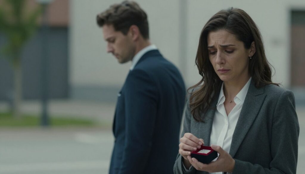 A scene depicting a poignant moment of separation following betrayal. In the foreground, a woman in professional attire stands with a look of resolve, her expression a mix of sadness and empowerment. In her hands, she holds a small box that symbolizes memories, gently setting it down. The middle ground features a man in a suit, turned away with a conflicted expression, suggestive of regret and loss. The background showcases a softly blurred urban setting, with muted colors reinforcing the somber mood. Soft, diffused lighting emphasizes the emotional weight of the scene, casting gentle shadows. The overall atmosphere is reflective and bittersweet, capturing the complexity of letting go without resentment.