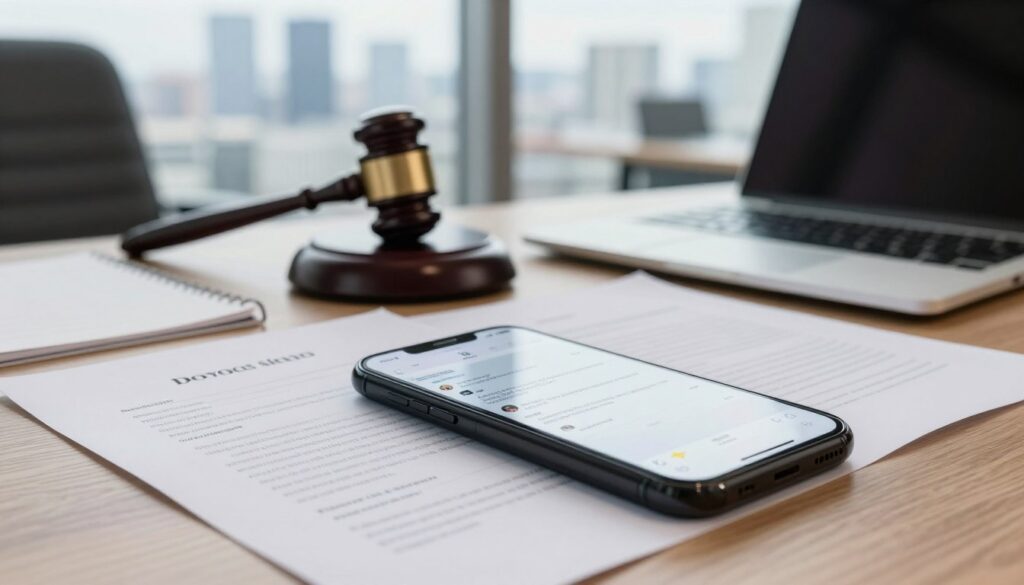 A scene showcasing a professional office environment reflecting Polish law, focusing on legal documents and digital devices. In the foreground, a close-up of a smartphone displaying text messages, subtly illuminated by a soft, warm light, symbolizing the concept of communication. The middle ground features a wooden desk with legal papers, a gavel, and a laptop open, hinting at a divorce case. In the background, a blurred view of a modern law office window with the skyline of Warsaw, enhancing an atmosphere of professionalism and seriousness. The lighting is bright but gentle, creating an engaging yet somber mood, perfect for discussing the implications of communication in the context of divorce laws in Poland.