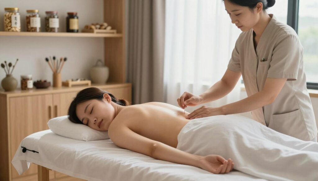 A serene acupuncture therapy room, featuring a treatment table with clean, crisp white linens. In the foreground, a practitioner, wearing professional attire, gently places acupuncture needles on a relaxed patient’s back. The patient is in a comfortable position, dressed in modest clothing, showcasing a tranquil expression as soft, diffused lighting casts a calming glow throughout the space. In the middle ground, there are shelves neatly lined with traditional Chinese herbal remedies and acupuncture tools, adding depth. The background features a large window with sheer curtains, allowing natural light to flood in, enhancing the peaceful atmosphere. The overall mood is one of relaxation and healing, capturing the essence of acupuncture as a therapeutic practice for stress relief.