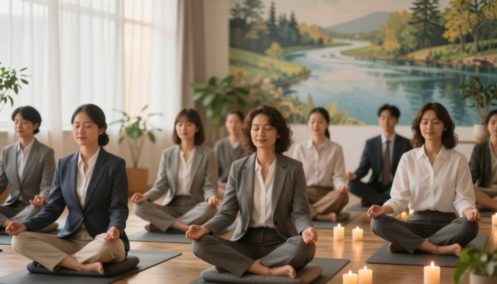 A serene and calming indoor environment designed to relax the mind and body. In the foreground, a diverse group of individuals, dressed in professional business attire, sit cross-legged on meditation cushions, practicing mindfulness techniques. Their expressions are peaceful, with closed eyes and soft smiles. In the middle, a cozy space is filled with soft, warm light filtering through sheer curtains, illuminating gentle green plants and aromatic candles, inviting tranquility. In the background, soft-focus images of nature, like flowing water and green landscapes, create a soothing ambiance. The overall mood is peaceful and meditative, enhancing the theme of managing stress, with an emphasis on calming techniques. The image should convey a sense of harmony and focus.