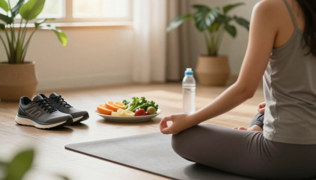 A serene and calming workspace scene depicting stress-reducing habits. In the foreground, a woman in modest casual clothing is meditating on a yoga mat, surrounded by houseplants for a touch of nature. In the middle ground, a balanced meal plate with colorful fruits and vegetables sits on a table, symbolizing healthy eating. To the side, a pair of running shoes and a water bottle suggest an active lifestyle. In the background, soft sunlight filters through a window, creating a warm and inviting atmosphere. The overall mood is peaceful and rejuvenating, emphasizing balance and tranquility in daily life. Capture this image with a soft focus and warm tones to enhance the soothing vibe. A serene and calming workspace scene depicting stress-reducing habits. In the foreground, a woman in modest casual clothing is meditating on a yoga mat, surrounded by houseplants for a touch of nature. In the middle ground, a balanced meal plate with colorful fruits and vegetables sits on a table, symbolizing healthy eating. To the side, a pair of running shoes and a water bottle suggest an active lifestyle. In the background, soft sunlight filters through a window, creating a warm and inviting atmosphere. The overall mood is peaceful and rejuvenating, emphasizing balance and tranquility in daily life. Capture this image with a soft focus and warm tones to enhance the soothing vibe.